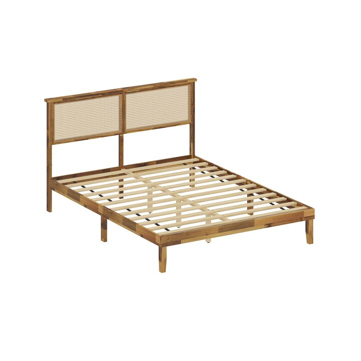 FUFU&GAGA Natural Solid Wood Bed Frame with Faux Hex Rattan Accent, Sturdy Acacia Platform Bed with Plywood Slats, No Box Spring Needed, Queen Size (82.6" L x 62" W x 41.1" H), Brown