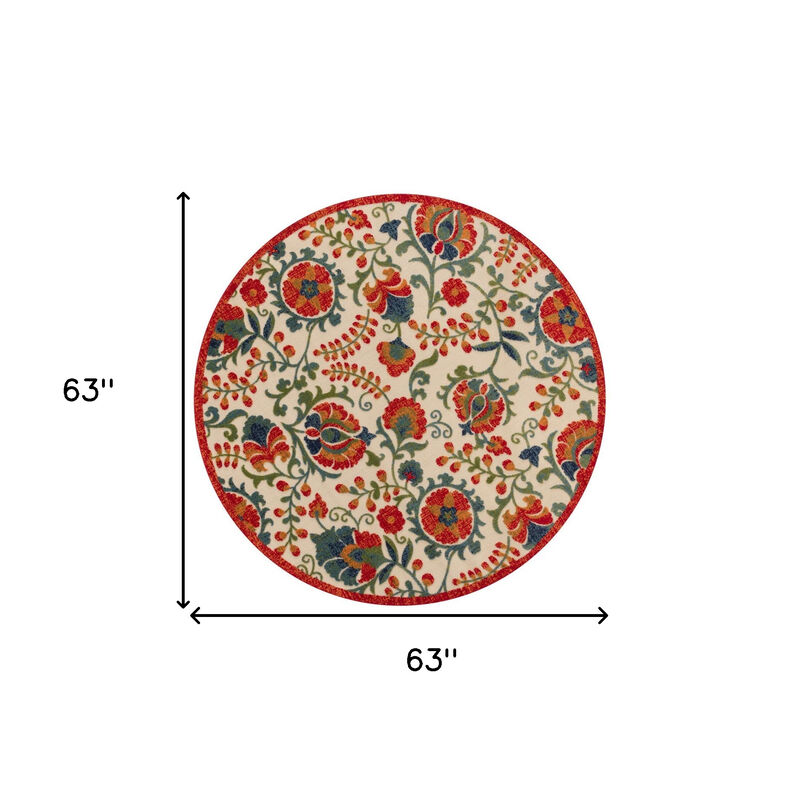 HomeRoots 5' Red Gold Teal Blue And Green Round Floral Indoor Outdoor Area Rug image number 6