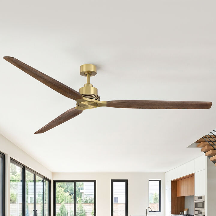 84" Mid Century Modern Natural Brass Solid Wood 6 Speed Extra Large Ceiling Fan No Light with Remote Control