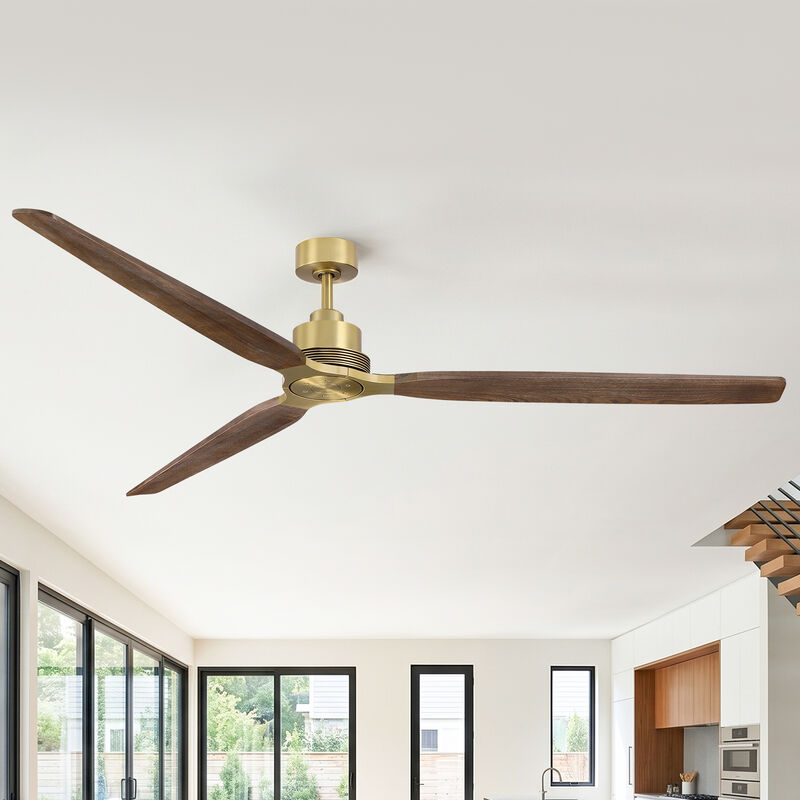 84" Mid Century Modern Natural Brass Solid Wood 6 Speed Extra Large Ceiling Fan No Light with Remote Control image number 1