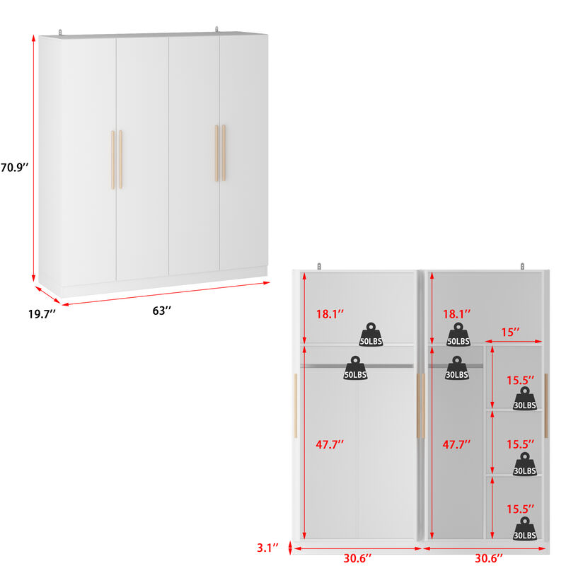 FUFU&GAGA 4-Door White Wardrobe Closet with Ample Storage and Elegant Design (63" W x 19.7" D x 69.7" H ) ,Grey