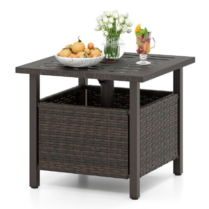 Weather-Resistant PE Wicker Side Table – Outdoor Table with Center Hole for Umbrella