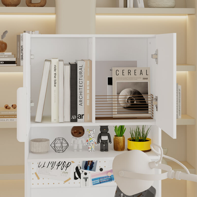 FUFU&GAGA White Study Desk & Storage Cabinet with Sliding Door, Open Shelves & Pegboard, E1 Particle Board, Metal Handles (47.3 in. W x 23.7 in. D x 61.4 in. H)
