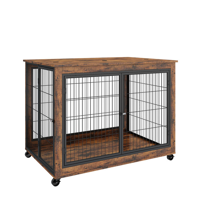 Furniture Style Dog Crate Side Table on Wheels with Double Doors and Lift Top. Rustic Brown, 43.7" W x 30" D x 31.1" H