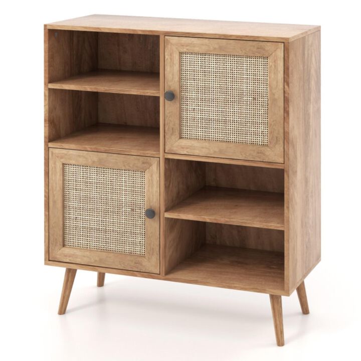 Hivvago Rattan Buffet Cabinet with 2 Doors and 2 Cubbies-Natural