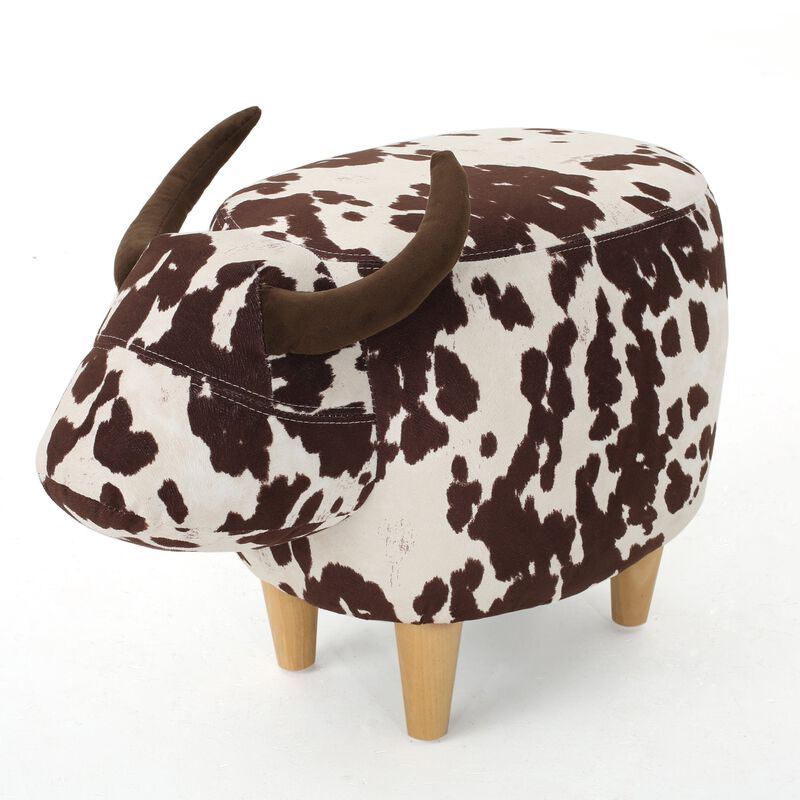 Benjara Massy Cow Kids Ottoman 25 Inches, Velvet, Light Horn, White, Brown image number 0