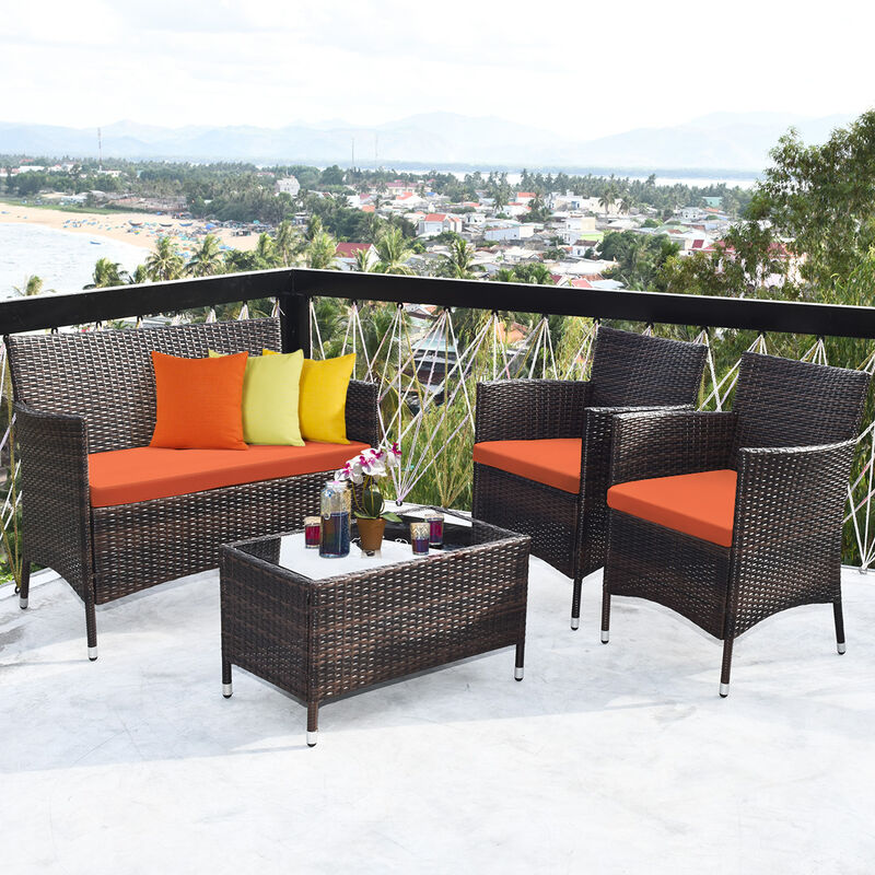 4 Pieces Comfortable Outdoor Rattan Sofa Set with Glass Coffee Table