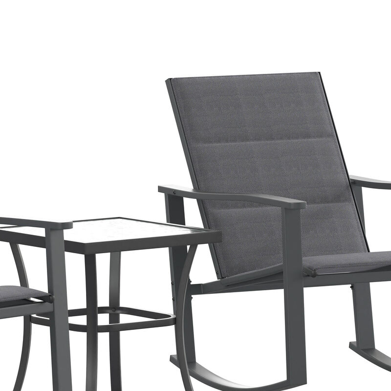 Flash Furniture Brazos 3 Piece Outdoor Rocking Chair Bistro Set with Flex Comfort Material and Steel Framed Glass Top Table