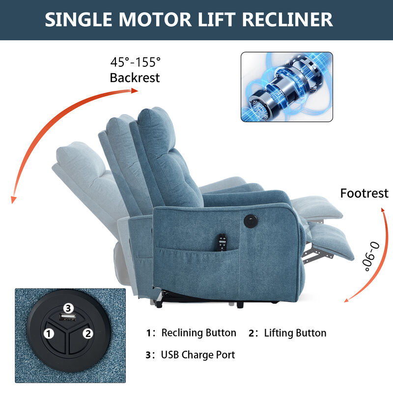 Chenille Single Motor Power Lift Recliner Chair with Heat Massage and USB Charging for Elderly
