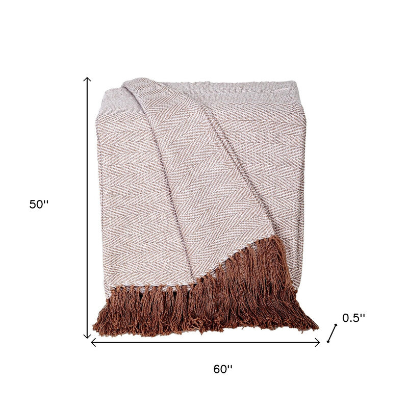 HomeRoots 50" X 60" Beige and Brown Woven Cotton Herringbone Throw Blanket with Fringe image number 5
