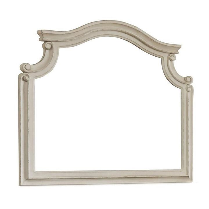 Scalloped Top Wood Encased Mirror with Molded Details, Antique White-Benzara