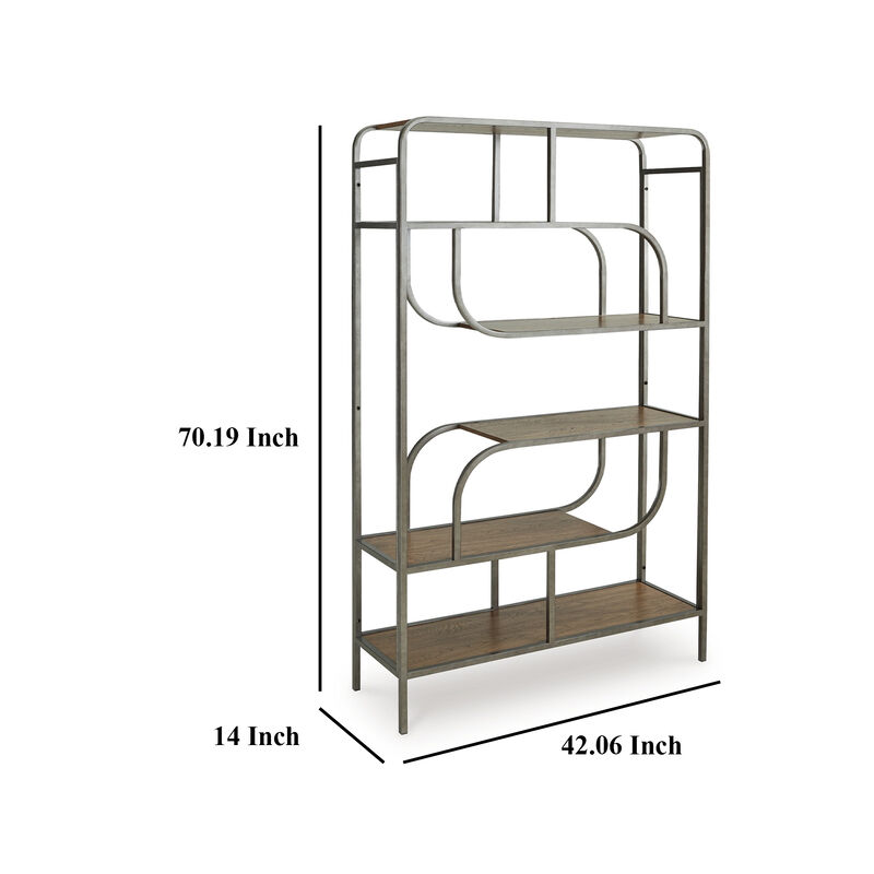 Bookcase, Modern Geometric Design, 70 Inch, 5 Brown Veneer Shelves - Benzara