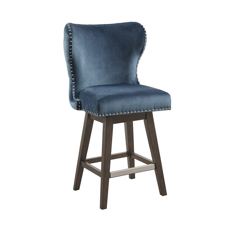 Gracie Mills Vargas Upholstered High Wingback Button Tufted 27' Swivel Counter Stool with Nailhead Accents