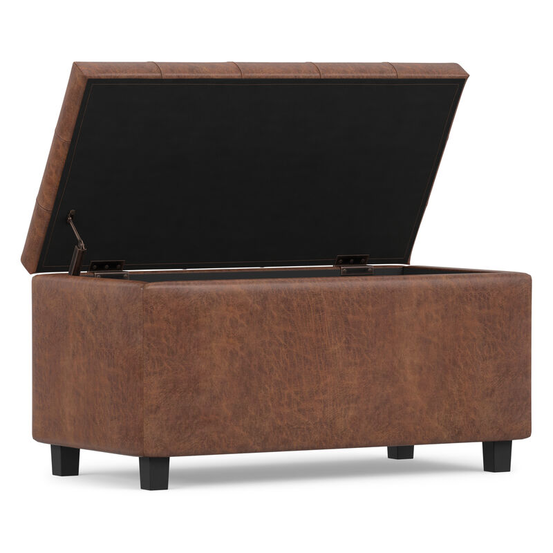 Cosmopolitan 34 inch Wide Transitional Rectangle Storage Ottoman in Distressed Saddle Brown Vegan Faux Leather, Assembled image number 3