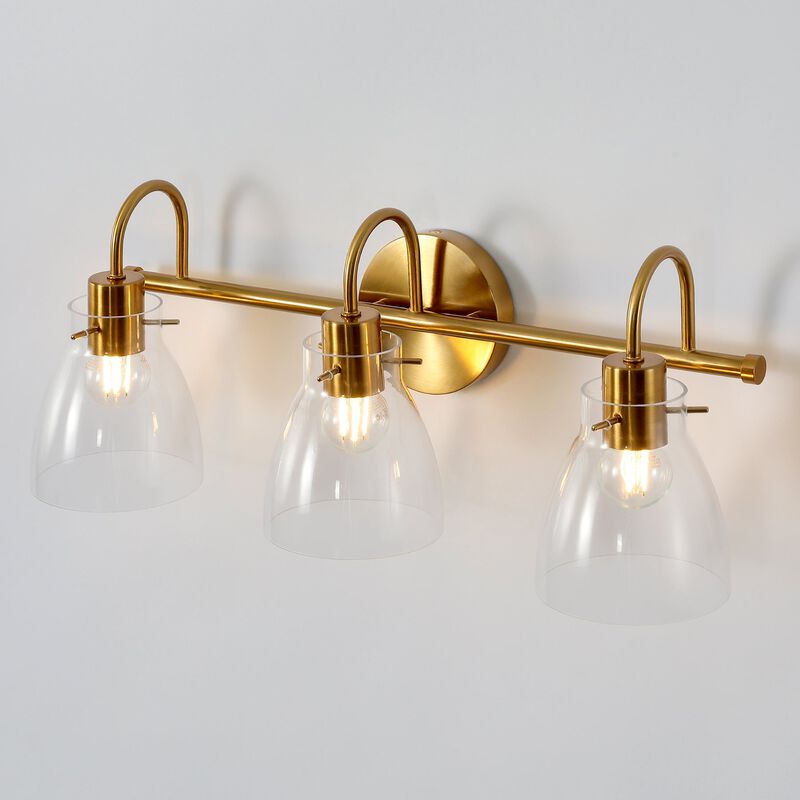 Brushed Brass Bathroom Vanity Light, Three-Light Clear Glass Shades image number 9