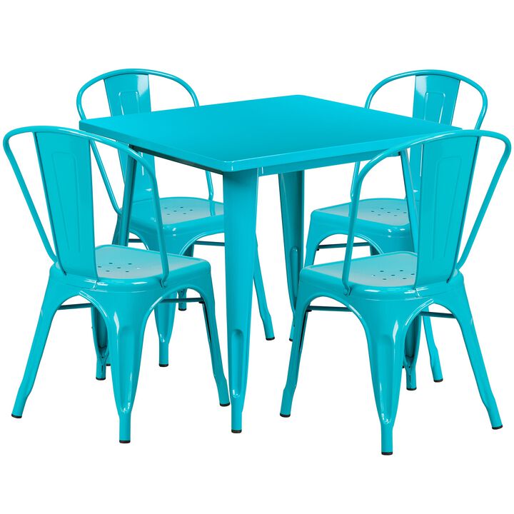 Flash Furniture Commercial Grade 31.5" Square Crystal Teal-Blue Metal Indoor-Outdoor Table Set with 4 Stack Chairs
