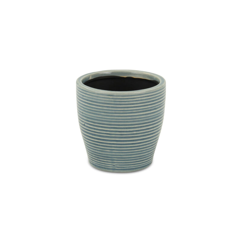 HomeRoots Blue Ceramic 22 Ounce Striped Round Distressed Pot Planter image number 2