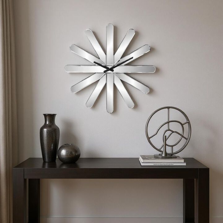 HomeRoots 26" Silver Mirrored Glass Silent Analog Starburst Wall Clock