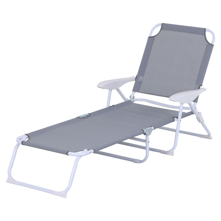 Outsunny Folding Chaise Lounge, Outdoor Sun Tanning Chair, 4-Position Reclining Back, Armrests, Metal Frame and Mesh Fabric for Beach, Yard, Patio, Gray