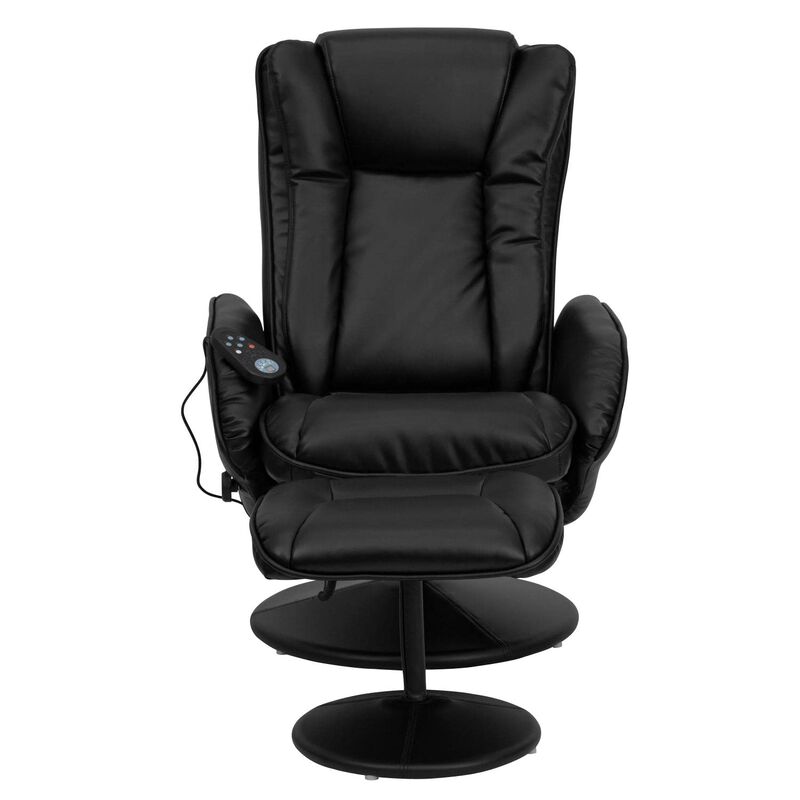 Flash Furniture Poppy Massaging Multi-Position Plush Recliner with Side Pocket and Ottoman in Black LeatherSoft