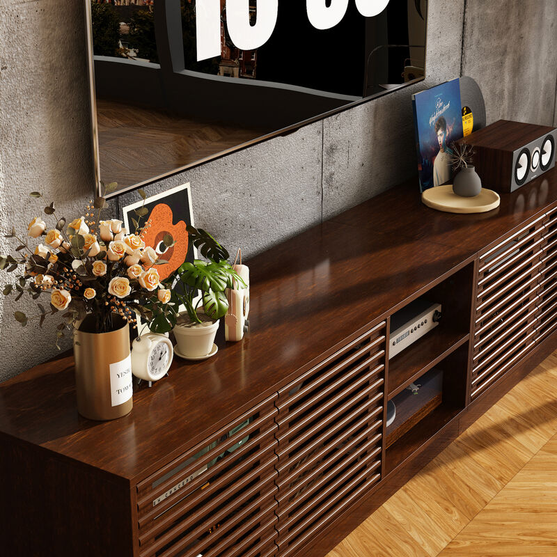 FUFU&GAGA Modern Wooden TV Stand with Slatted Doors – Stylish & Functional Storage (78.7" W x 18.8" H x 15.7" D), Brown