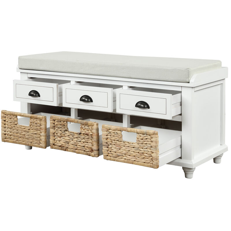 Whisen Rustic Storage Bench with 3 Drawers and 3 Rattan Baskets - White Washed