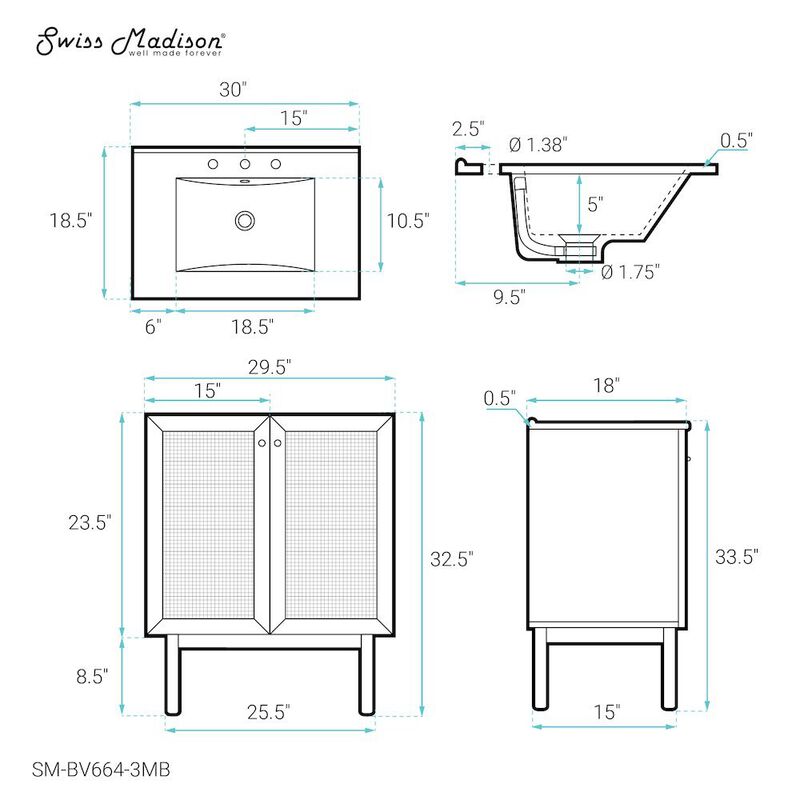 30" Freestanding Bathroom Vanity with 3-Hole Widespread Sink Top image number 4