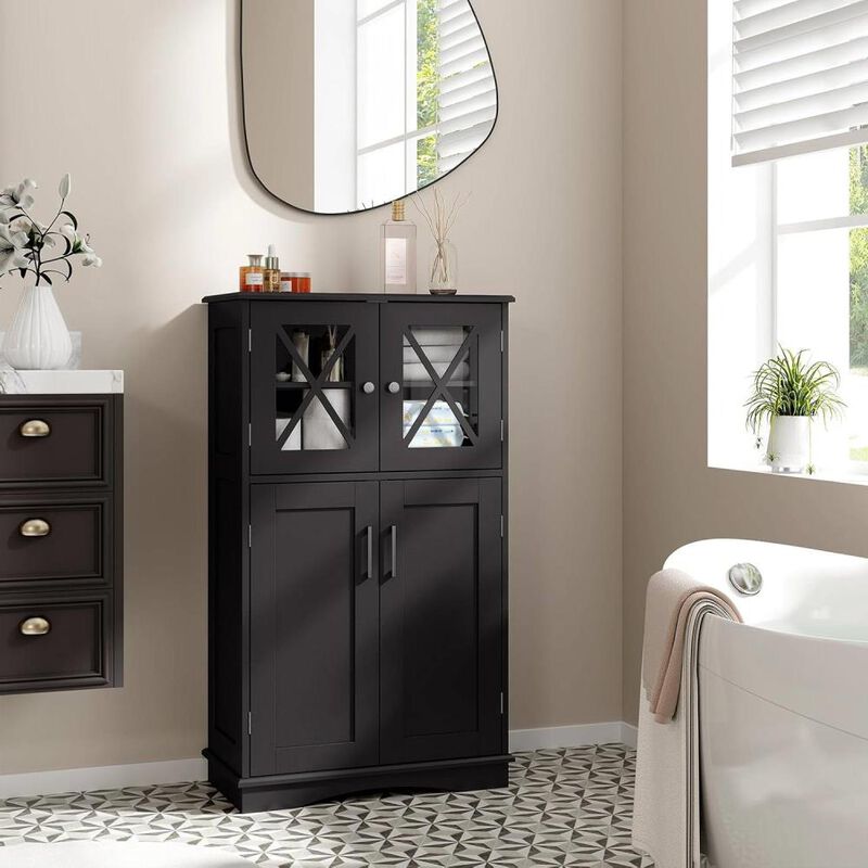 Hivvago Black Bathroom Towel Linen Cabinet with Glass Doors and Storage Shelves