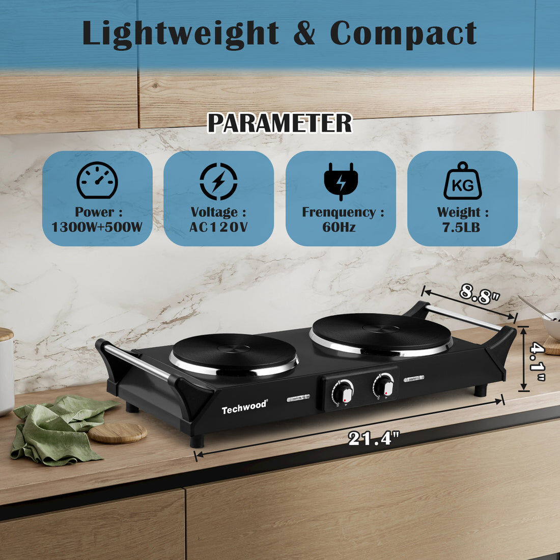 Techwood 1800w Stainless Steel Dual Hot Plate with Stay Cool Handles