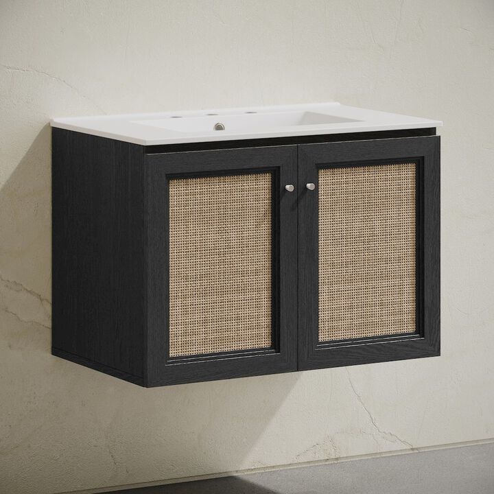 30" Wall-Mounted Bathroom Vanity, Black Oak, Widespread Faucet Holes Vanity Top