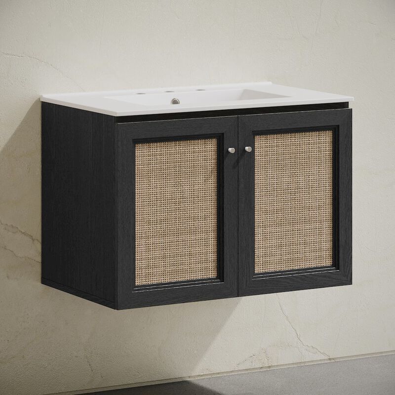30" Wall-Mounted Bathroom Vanity, Black Oak, Widespread Faucet Holes Vanity Top image number 1