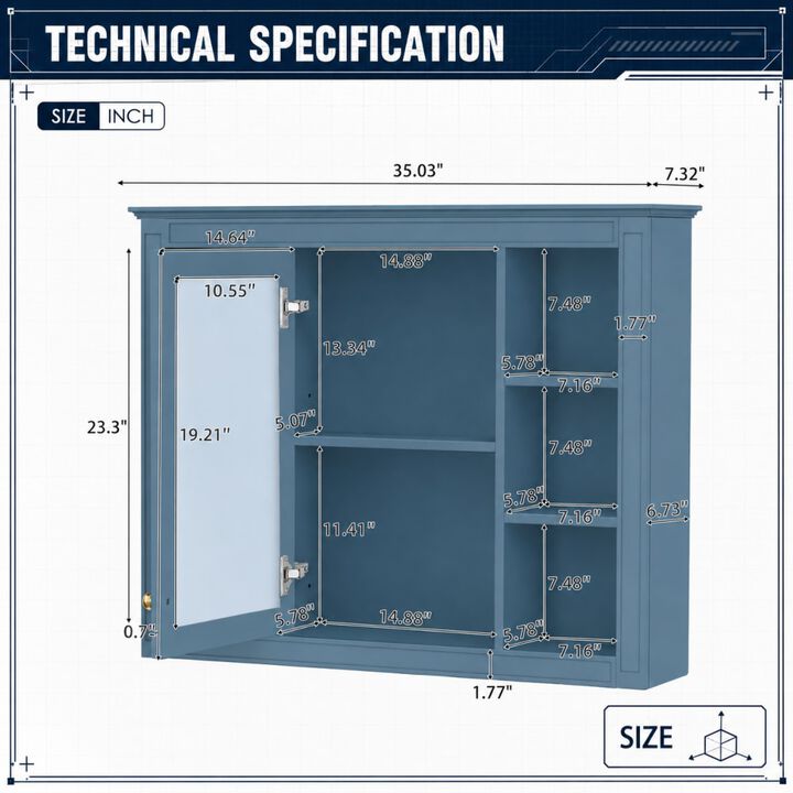 ELEMENT ACE 35 Inch Wall Mounted Medicine Cabinet with Mirror, Modern Bathroom Storage Cabinet with Adjustable Shelves, Towel Rod and Ample Storage Space