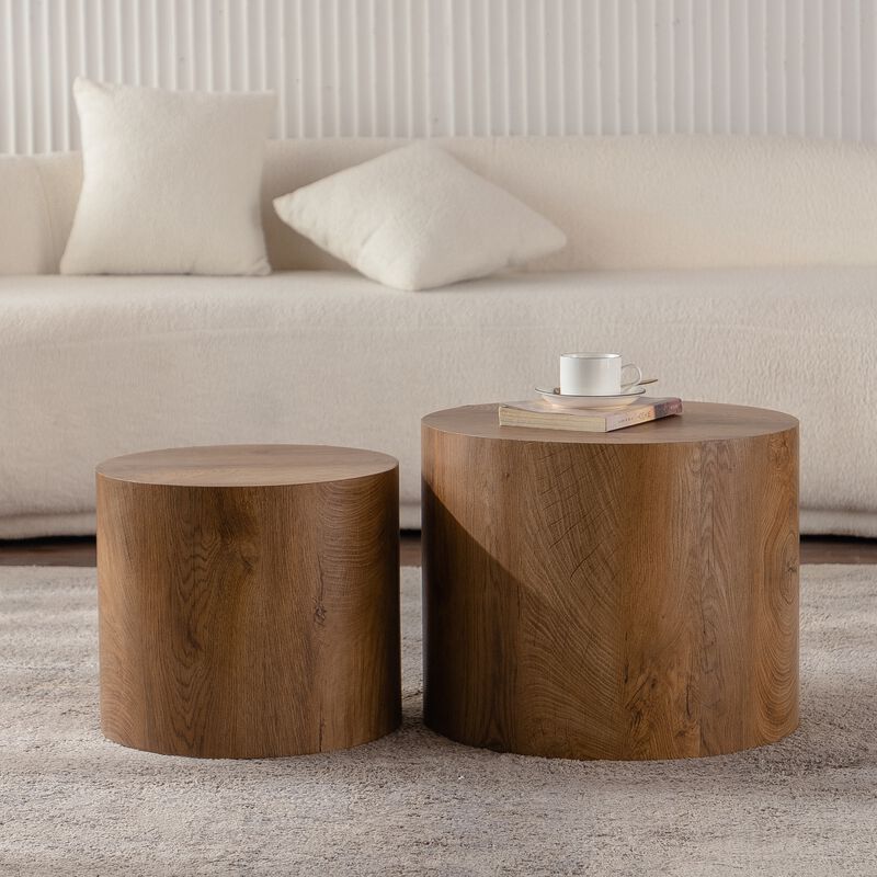 Modern Round Drum Nesting Coffee Table Set of 2, Wooden Cylinder Coffee Tables for Living Room, Space-Saving Design image number 2