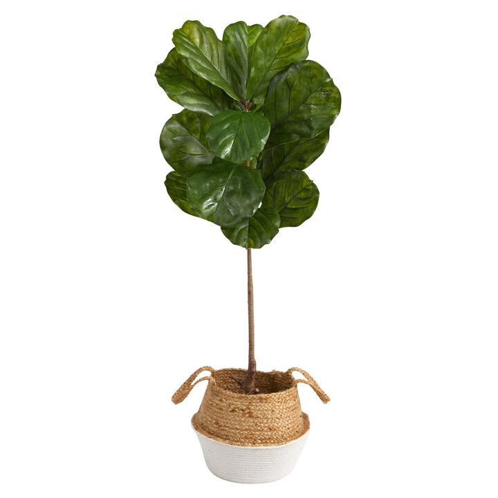 Nearly Natural 4-ft Fiddle Leaf Tree in Handmade White Cotton & Jute Planter
