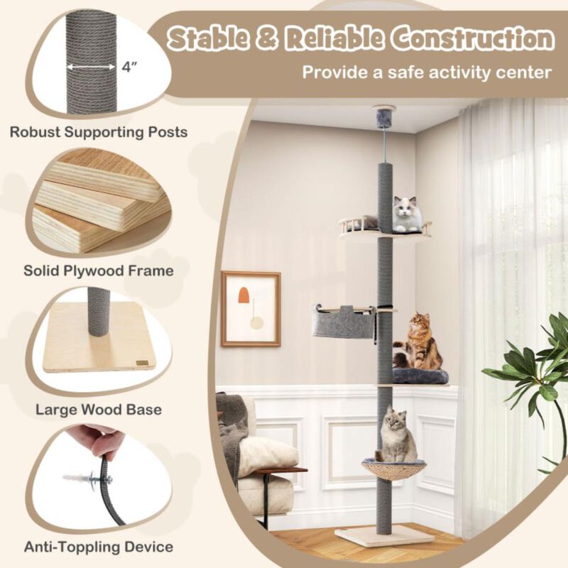 Hivvago Floor to Ceiling Cat Tree with 93 Inch-107 Inch Adjustable Height
