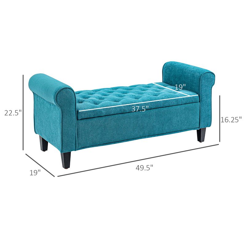 50 Inches Storage Ottoman, End of Bed Bench with Rolled Arms, Wood Legs, Button Tufted Storage Bench