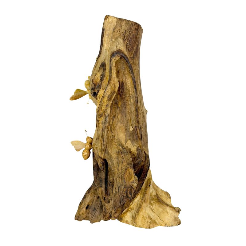 Wood Beehive Decorative Sculpture Natural Standing Accent With 3 Bees image number 2