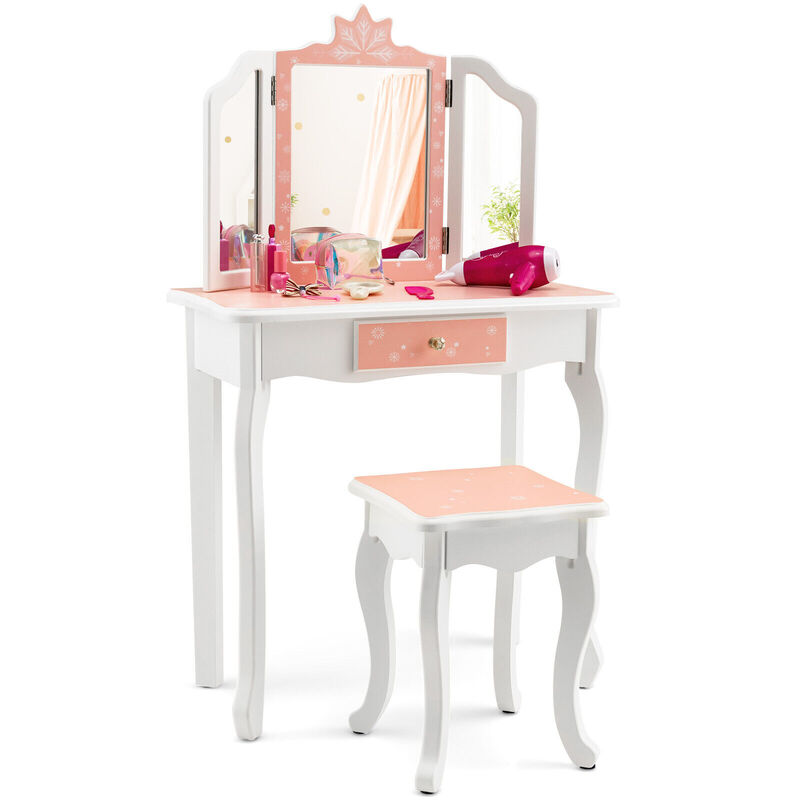 Princess Vanity Table and Chair Set with Tri-Folding Mirror and Snowflake Print