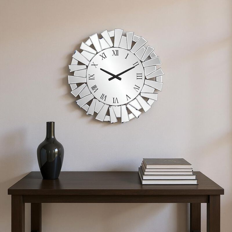 HomeRoots 27" Silver Mirrored Glass Silent Analog Sunburst Wall Clock image number 1