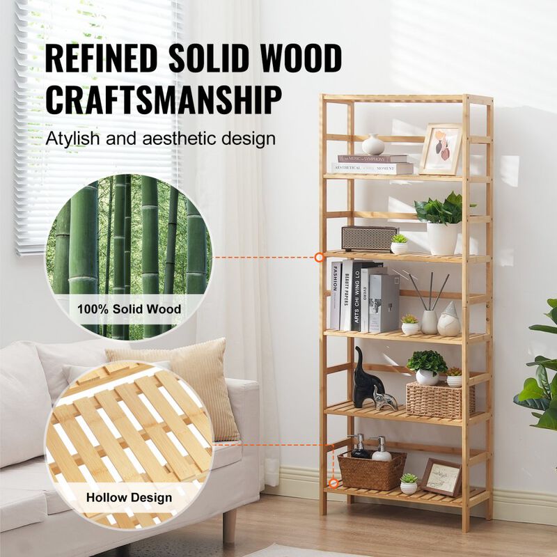 6-Tier Wicker Display Shelf, Open Bookcase Storage Rack for Living Room, Bedroom-Natural image number 6