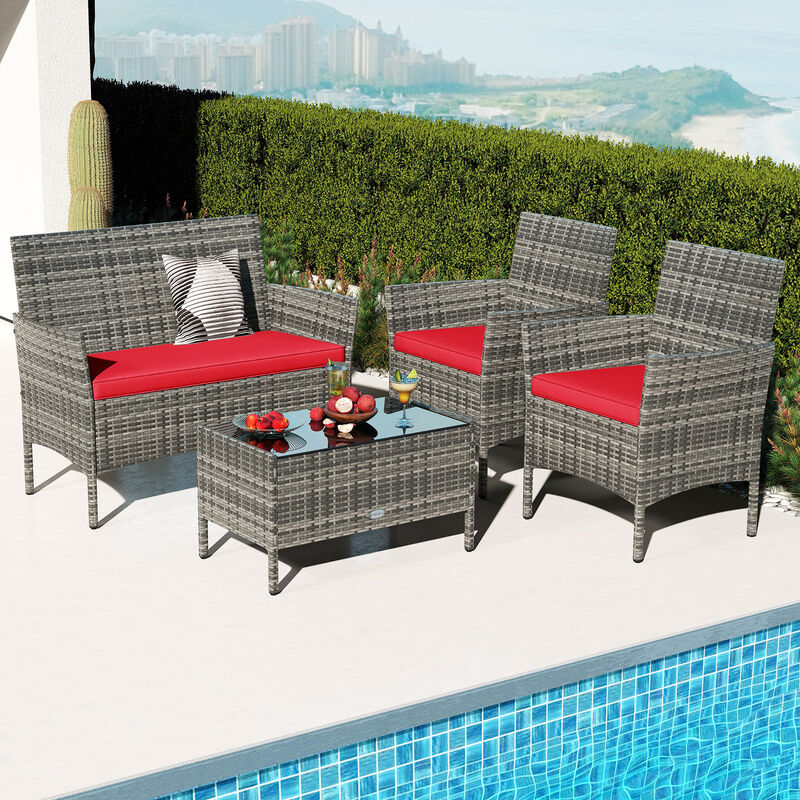 4-Piece Patio Rattan Conversation Set with Cushioned Seats and Tempered Glass Table image number 5