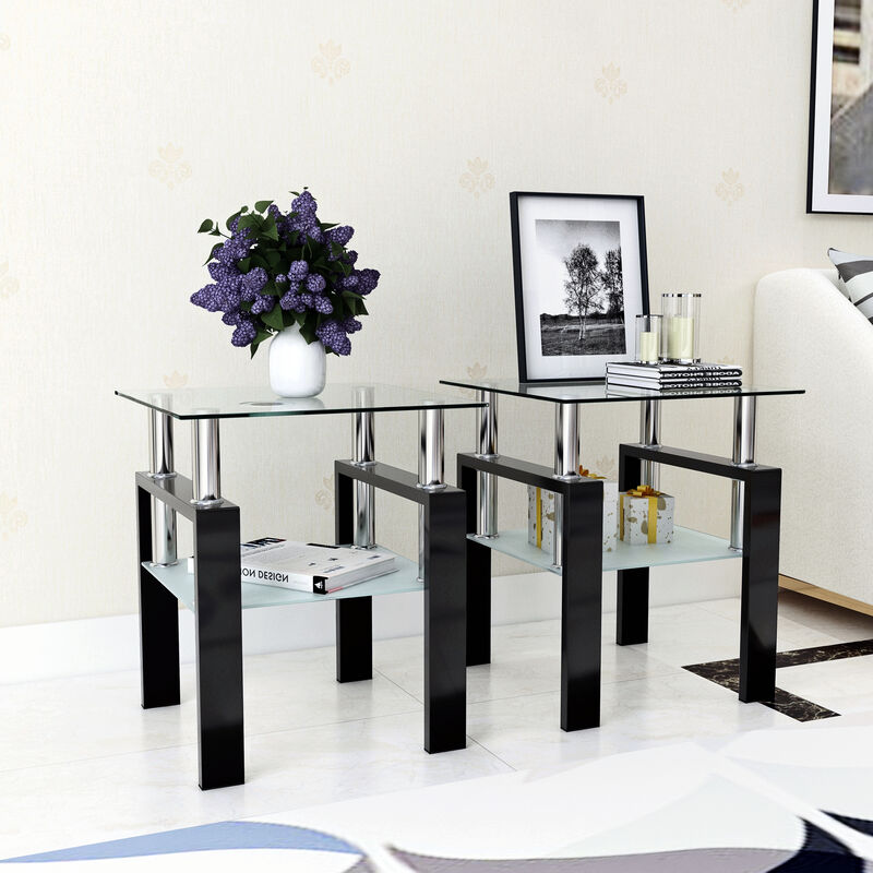 Set of 2 Modern Tempered Glass Tea and Coffee End Table, Square Table for Living Room