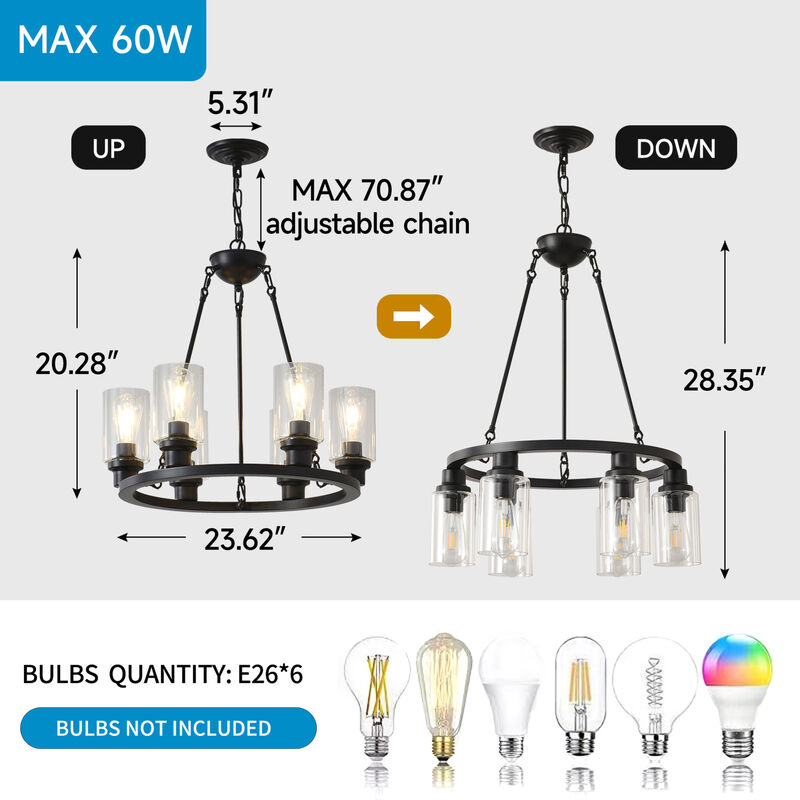 ELEMENT ACE Rustic Wagon Wheel Chandelier with Adjustable Chains and Seeded Glass Shade Lighting Fixture image number 2