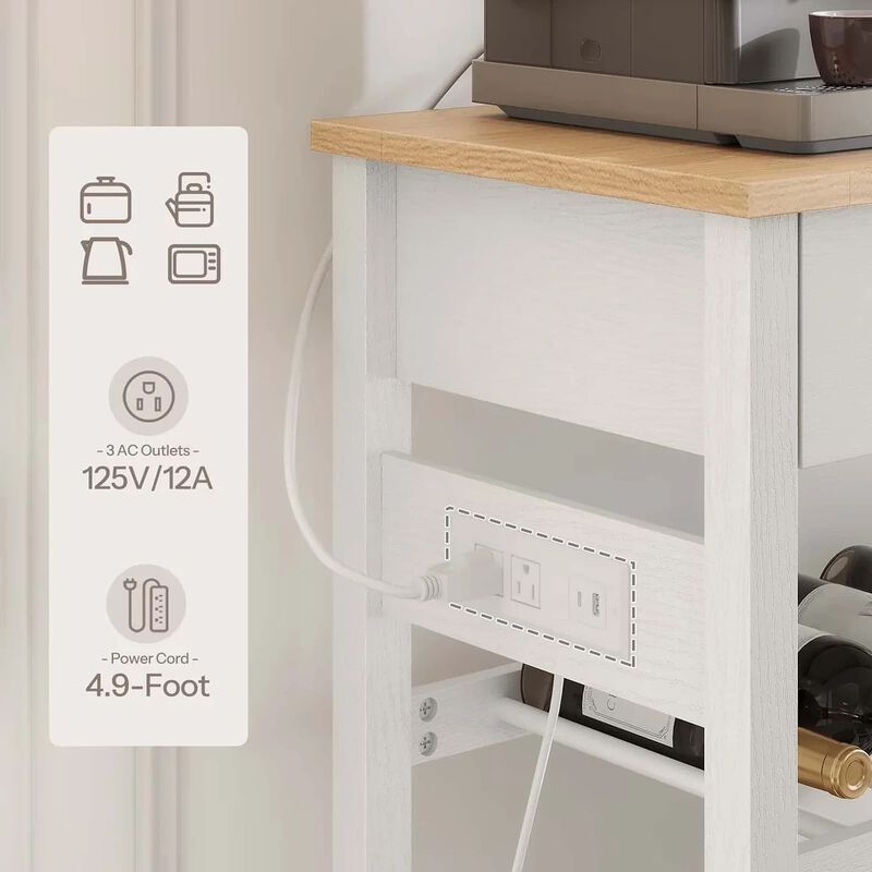 Rolling Kitchen Island with Storage Drawers and Built-In Charging Station- White image number 7