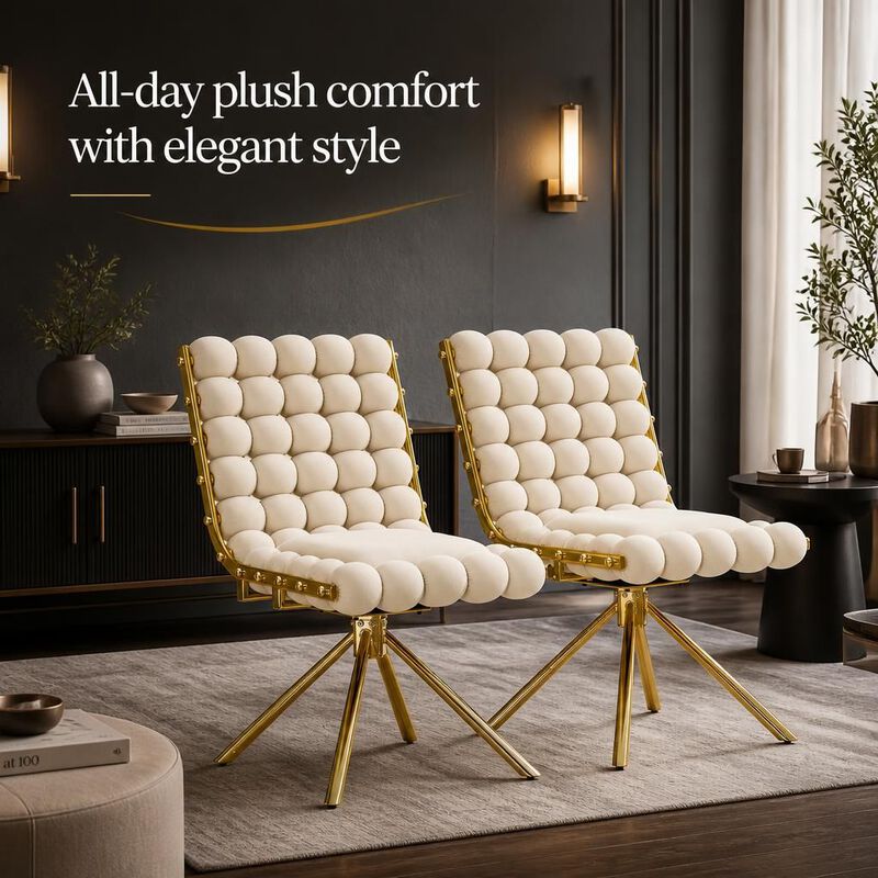 GOODSILO Set of Two Modern Tufted Puffy Bubble Velvet Dining Accent Swivel Chairs with Metal Legs for Dining Room and Kitchen image number 4