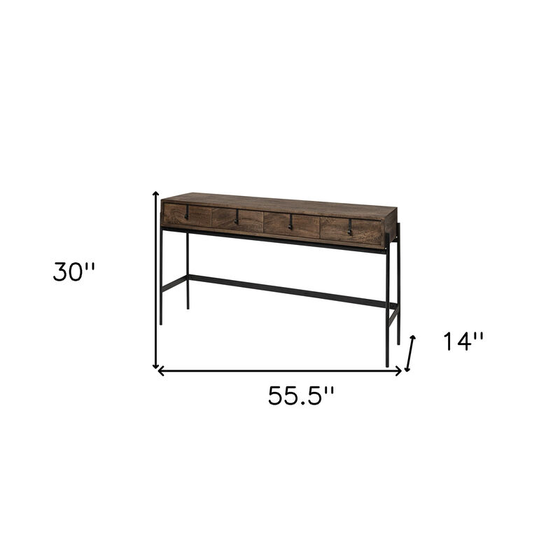 HomeRoots 56" Brown and Black Solid Wood and Metal Distressed Console Table With Four Drawers image number 6