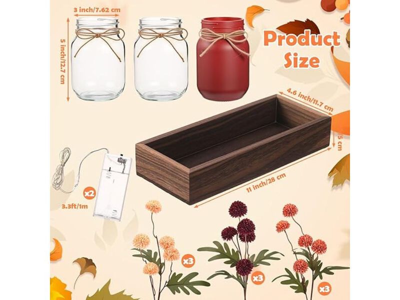 3-Piece Fall Mums Mason Jar Centerpiece – Faux Kiku Flowers with LED Lights & Wood Tray for Thanksgiving Table & Kitchen Decor