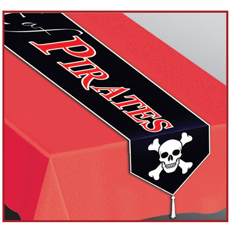 Club Pack of 12 Red and Black "BEWARE of PIRATES" Table Runners 6' image number 1