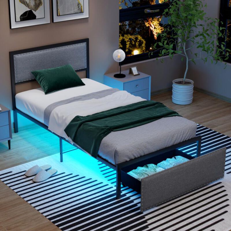 Hivvago Bed Frame with LED Lights Drawer and Metal Slats