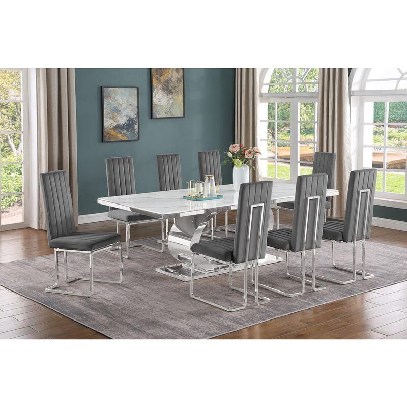 Best Quality Furniture 9pc Large(87) marble top dining set with silver base and 8 Dark grey chairs image number 2